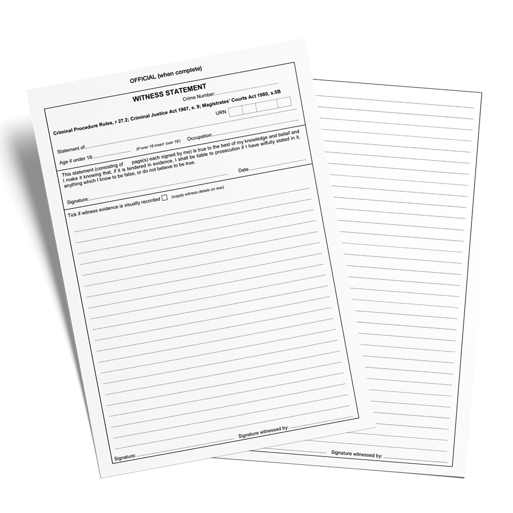 A pack of A6 sized police witness statements, with designated spaces for writing information about a victim, suspect, and witness, as well as a signature line. © Tigoli® 2026 All Rights Reserved Panda Loco Ltd  Main image