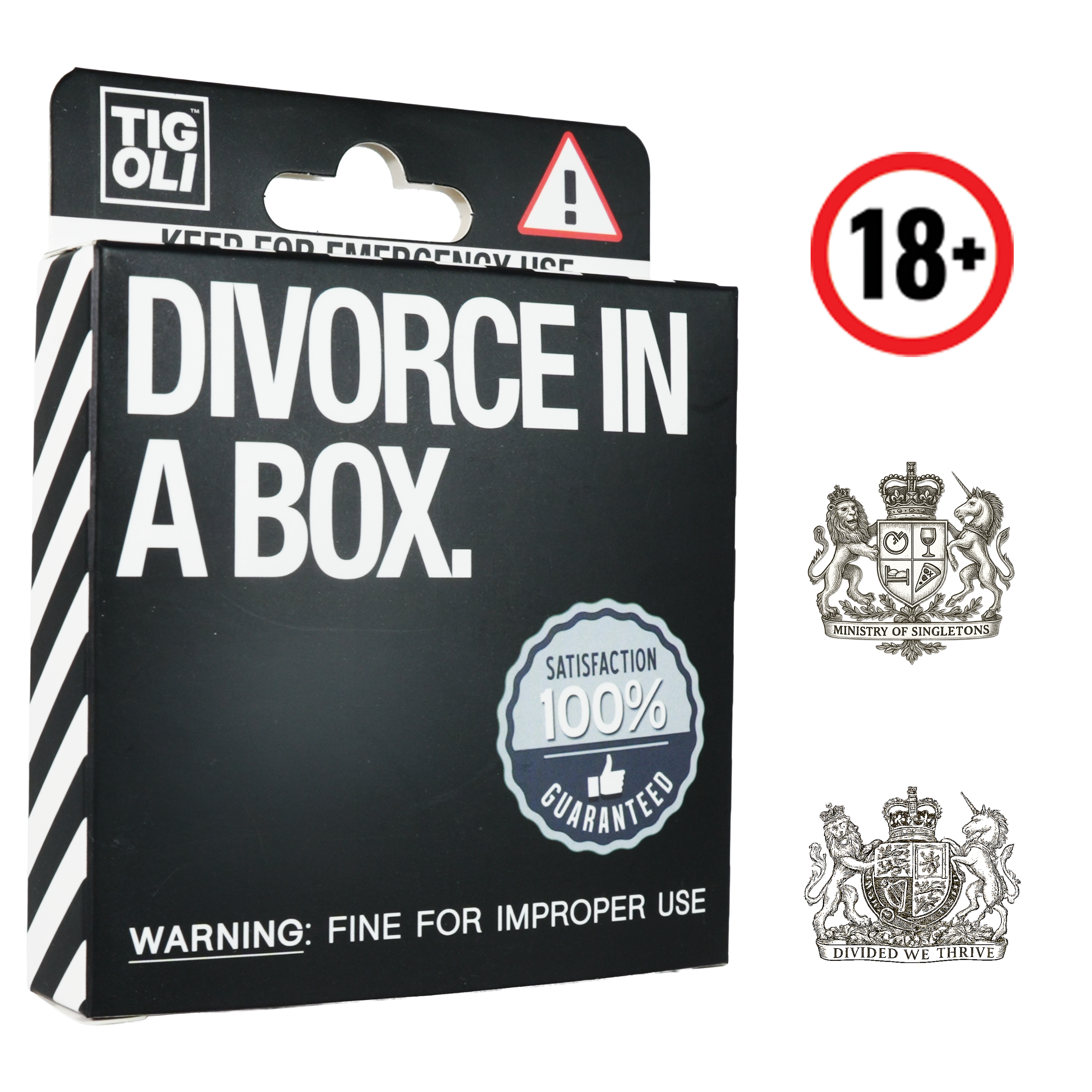 Divorce in a Box – Funny Novelty Gag Gift Set with Divorce Certificate, Application Form, Drinks Voucher, Dating Coupon, Party Horn & Stickers